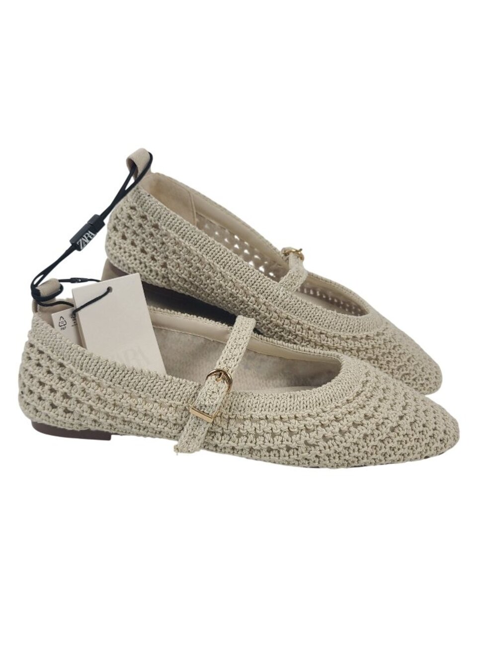 NEW Zara Beige Crochet Mary Jane Flats Buckle Strap Size 6.5 US